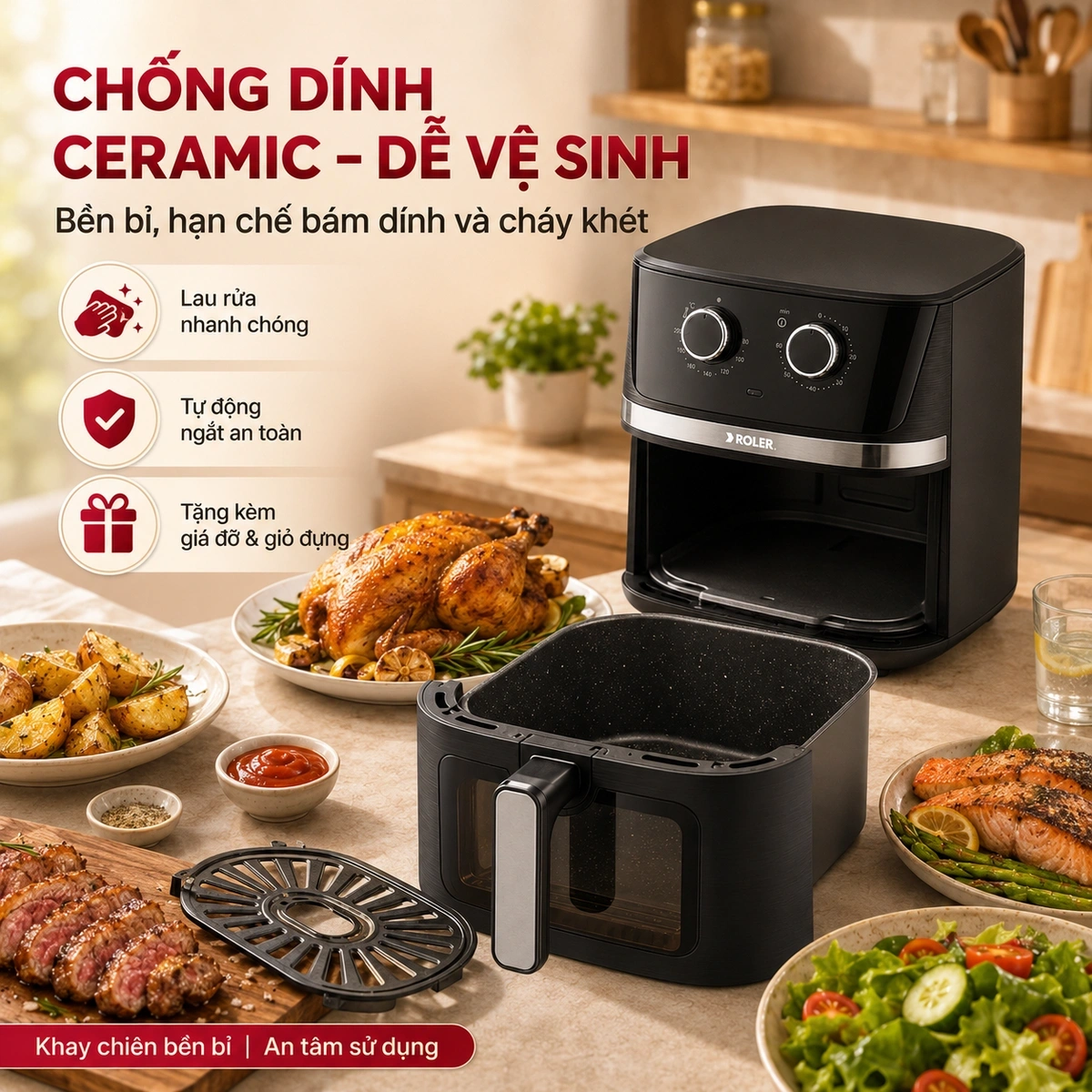 Dung tích 6,5 lít, khay chiên phủ chống dính, bộ phụ kiện đi kèm tiện lợi