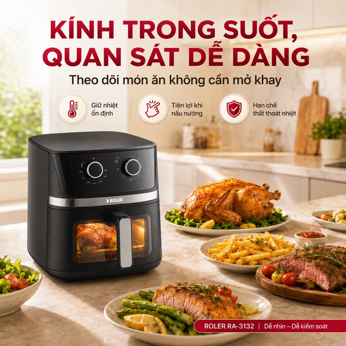 Dung tích 6,5 lít, khay chiên phủ chống dính, bộ phụ kiện đi kèm tiện lợi