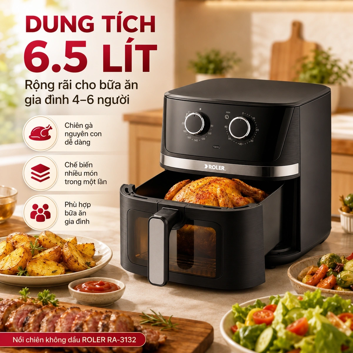 Dung tích 6,5 lít, khay chiên phủ chống dính, bộ phụ kiện đi kèm tiện lợi