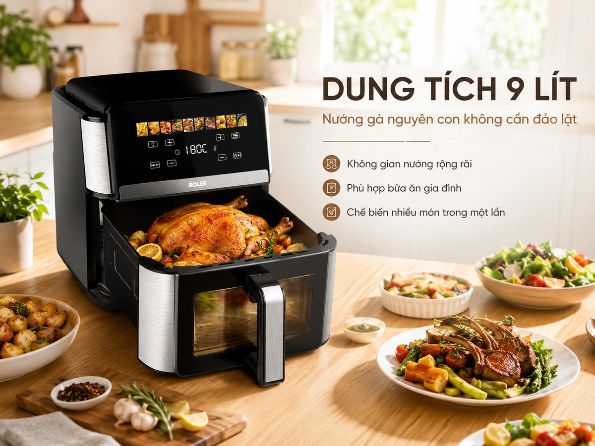 Dung tích 9 lít, bảng điều khiển điện tử, 10 chương trình thiết lập sẵn
