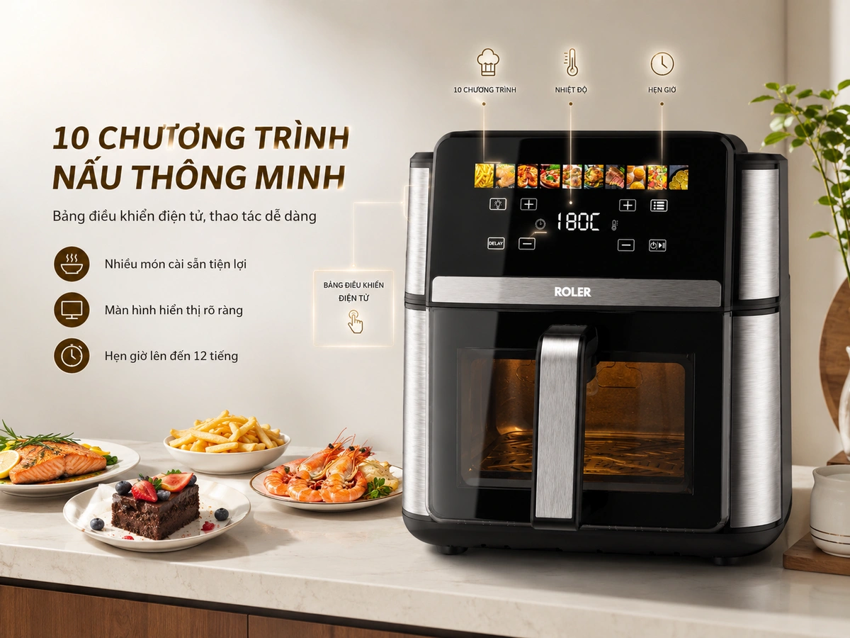 Dung tích 9 lít, bảng điều khiển điện tử, 10 chương trình thiết lập sẵn