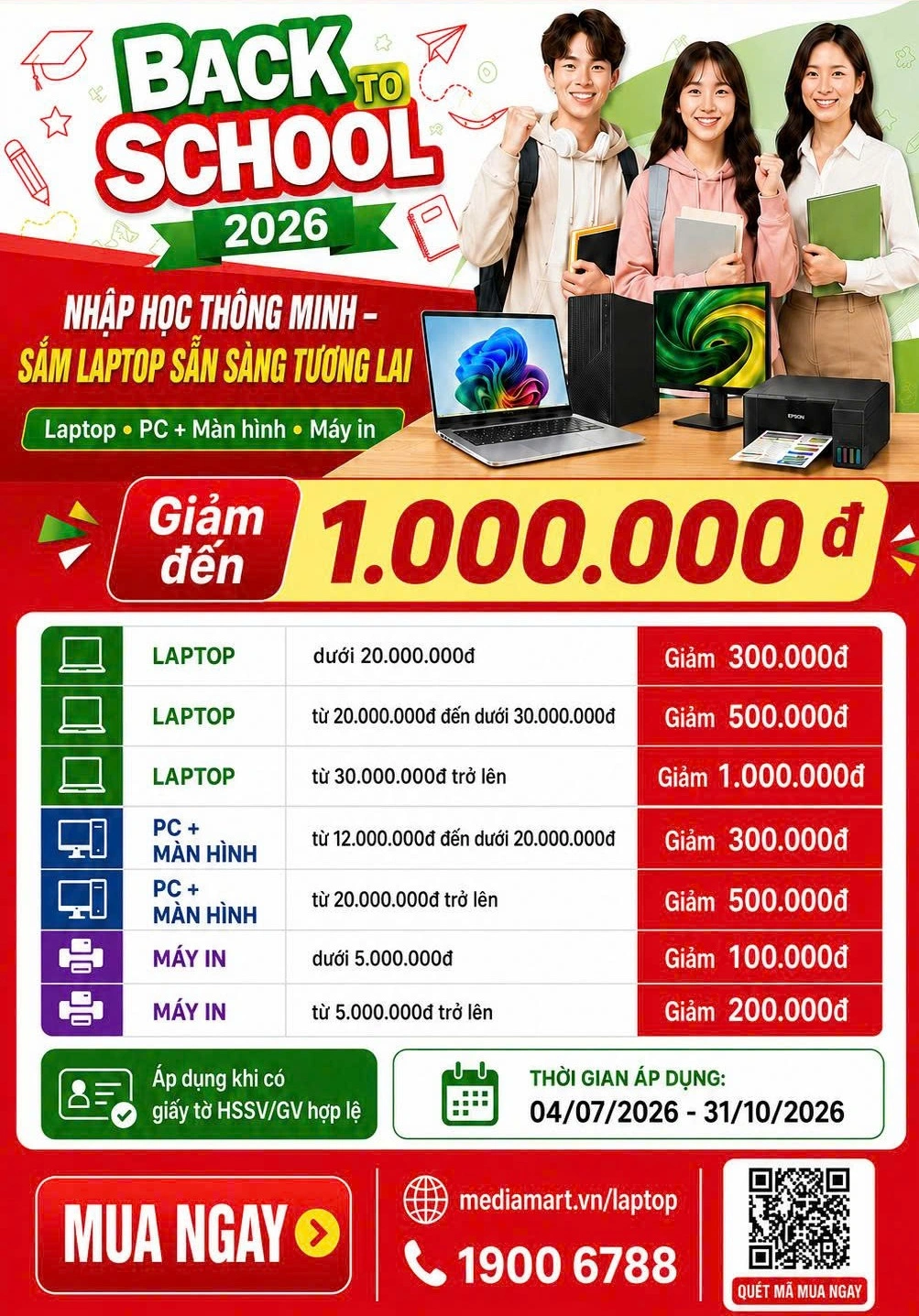 Giảm giá trực tiếp khi mua Laptop Windows, bộ PC + màn hình, máy in