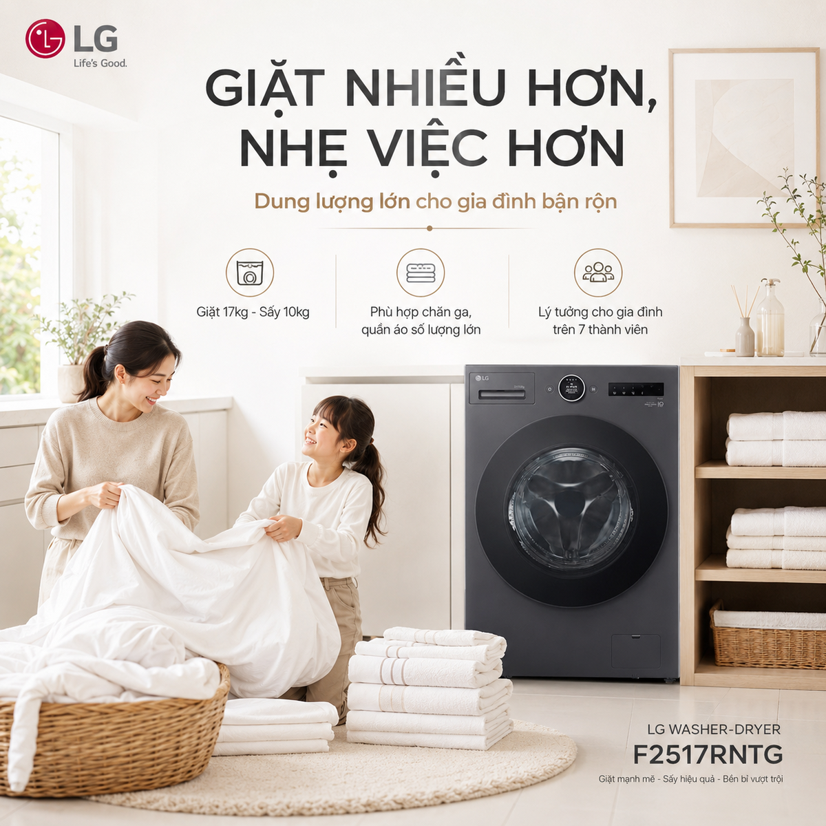 Khối lượng giặt sấy lớn, đa dạng chương trình, tiết kiệm điện năng
