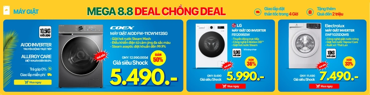 Mega 8/8 Deal chồng deal: Máy giặt giảm đến 50%