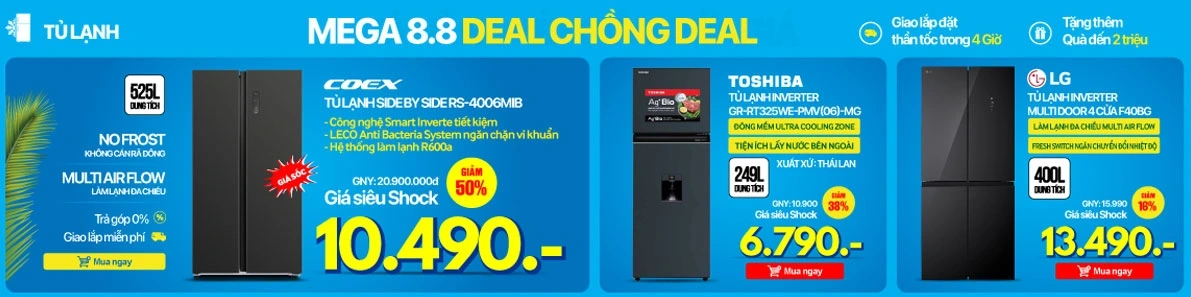Mega 8/8 Deal chồng deal: Tủ lạnh giảm đến 50%