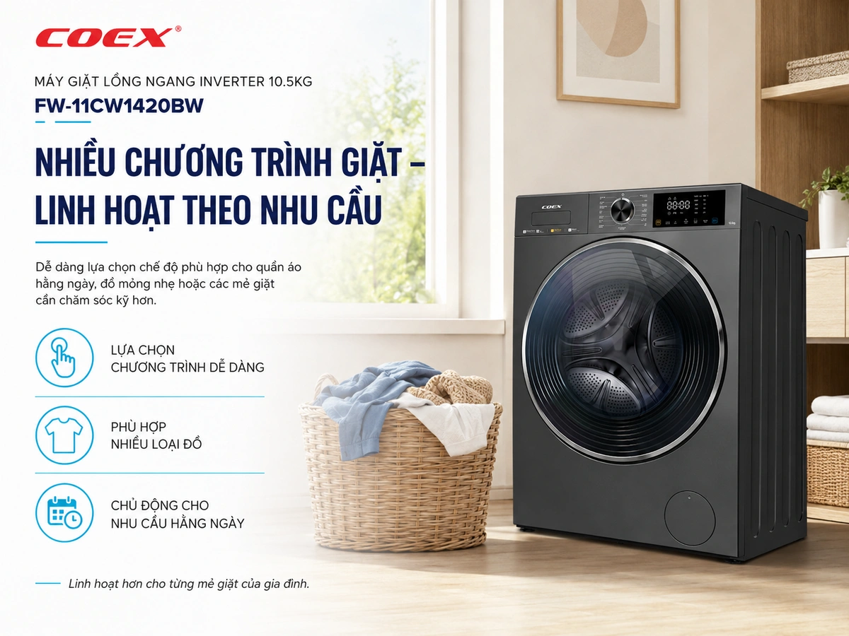 Thiết kế cửa trước sang trọng, hiện đại, đa dạng chương trình giặt