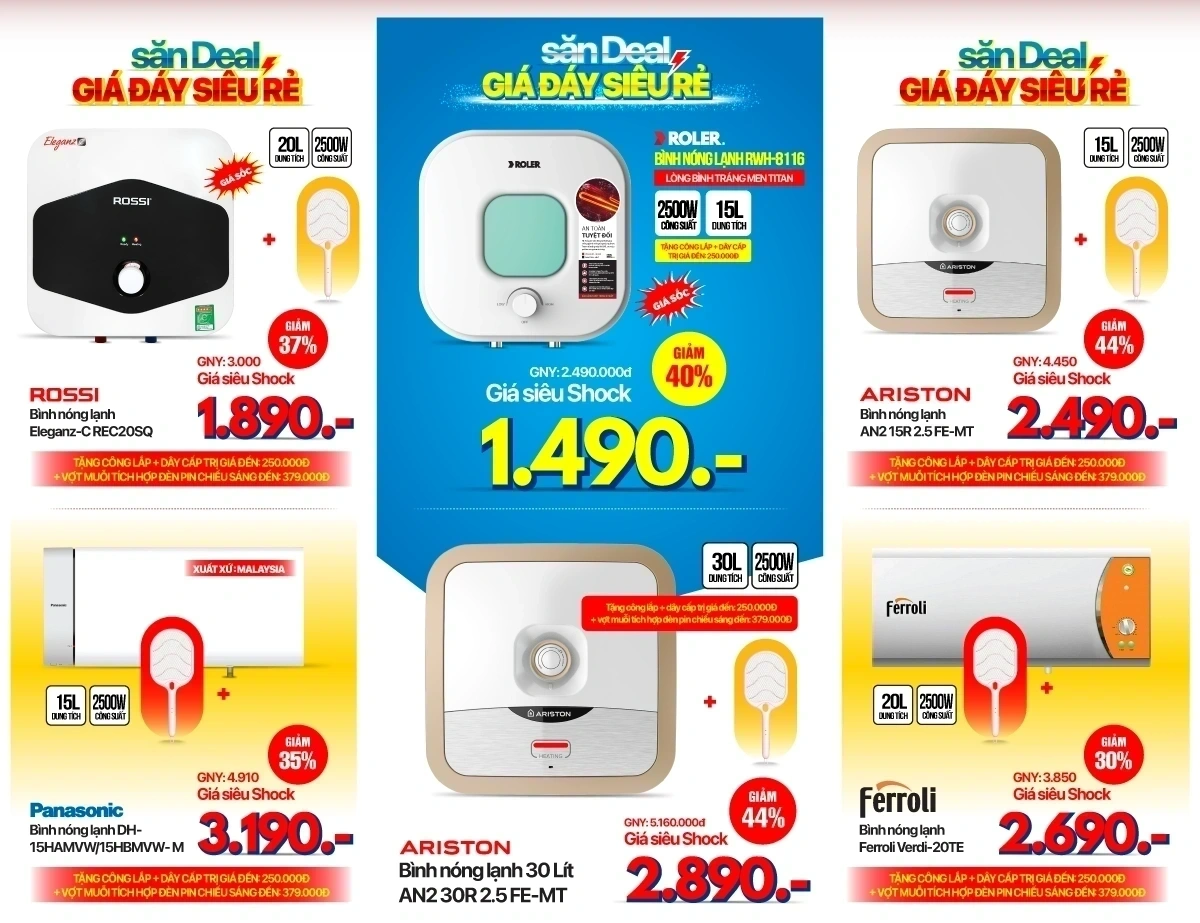 Bình nóng lạnh giảm sâu - Giá chỉ từ 1.49 triệu, tặng quà hấp dẫn