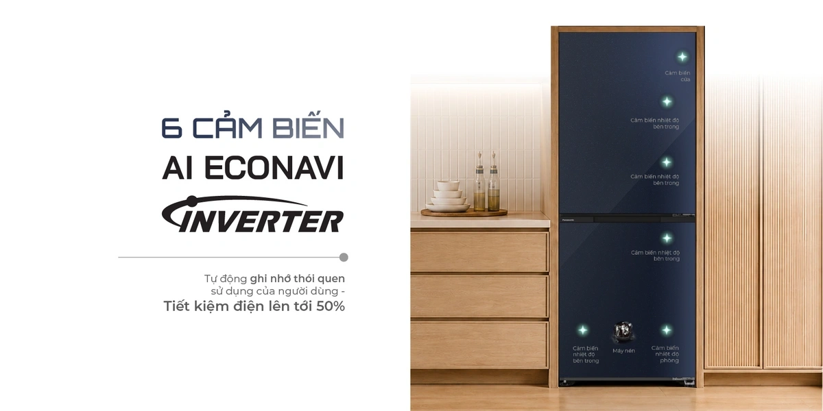 6 cảm biến AI Econavi Inverter trên tủ lạnh Panasonic 2 cánh ngăn đá dưới 2026