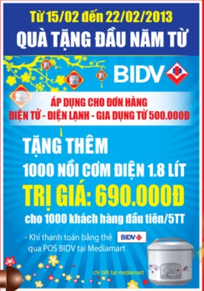 Ưu đãi cho chủ thẻ BIDV tại Media Mart - Tặng thêm 1,000 nồi cơm điện cho giao dịch qua thẻ từ 500,000đ