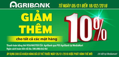 Hoàn tiền 10% cho chủ Thẻ VISA/MASTER của Agribank tại Mediamart