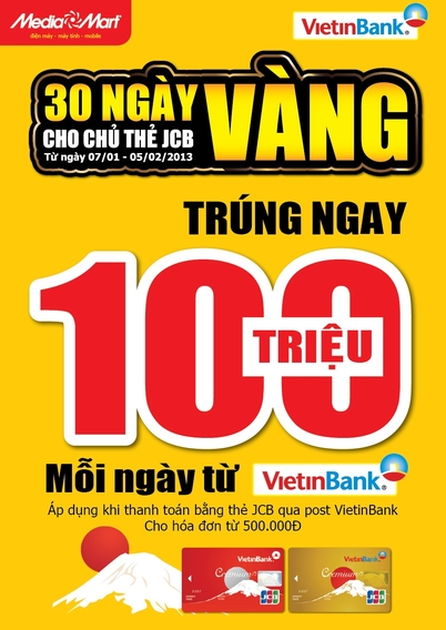 Mỗi ngày trúng 1 giải 100 triệu đồng khi TT qua thẻ JCB của VietinBank