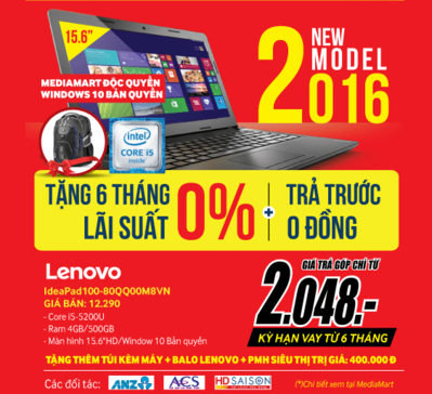 Mua Trả góp Laptop Lenvo Idea Pad 100 lãi suất 0% tại Mediamart